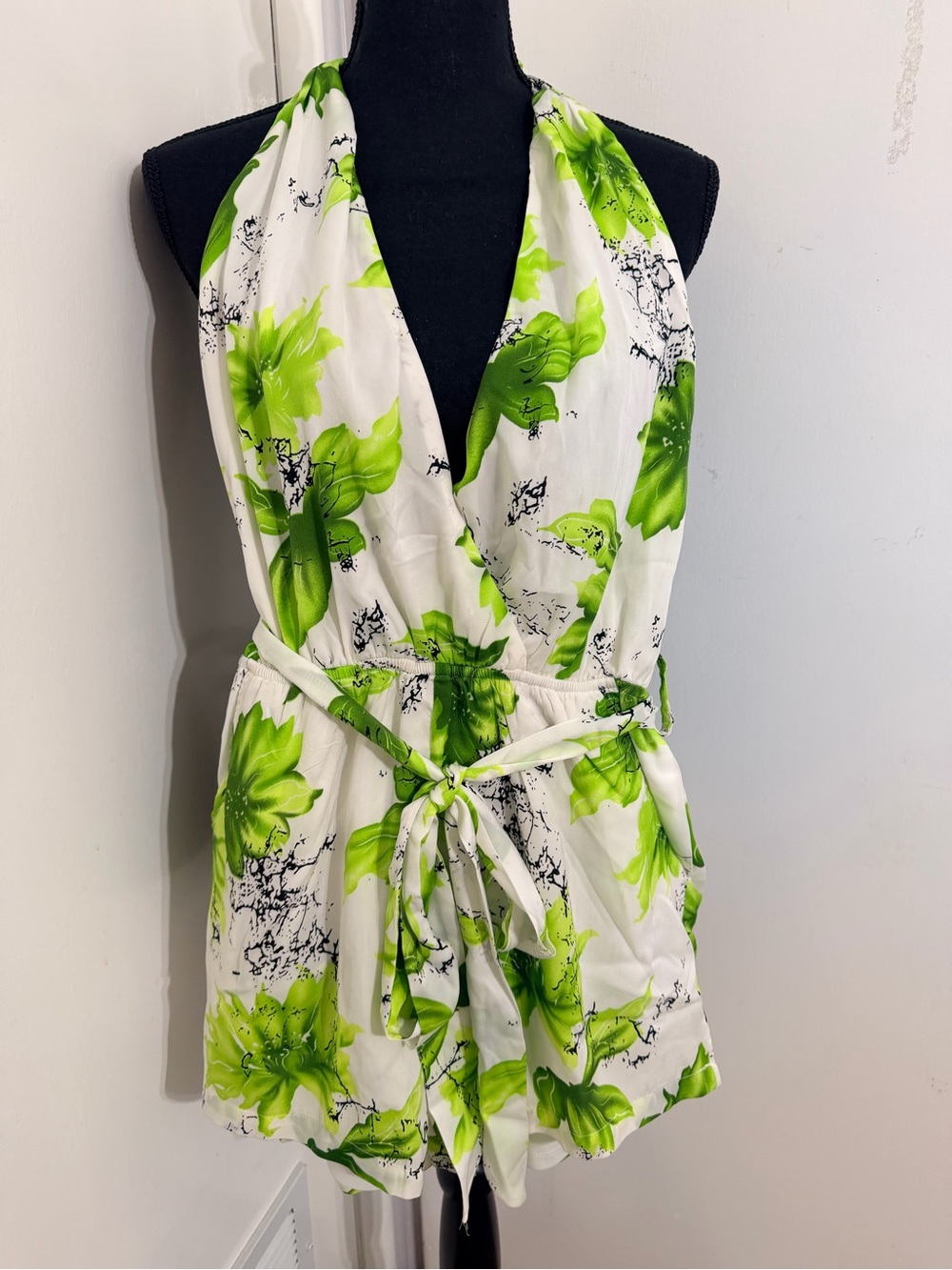 Cals White and Lime Floral Halter Tie-Waist Romper